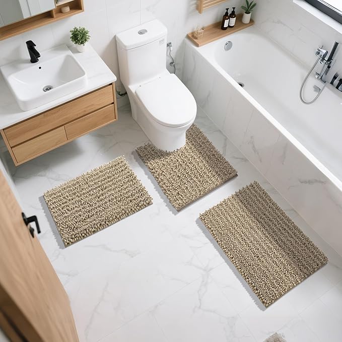 Yimobra Bathroom Rugs Non Slip Washable 32x20 Inch - Ultra Soft Absorbent Chenille Bath Mat, Quick Dry Shaggy Floor Carpet for Tub Shower, Camel Home Decor Accessories