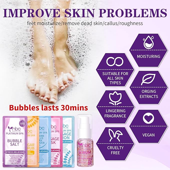 Pedicure Kit Foot Soak Set: Bubble Salt, Sugar Scrub, Massage Mask, Massage Lotion in a Box, 4 Step Foot Spa Kit for Dry Feet,Tired Feet(Lavender)