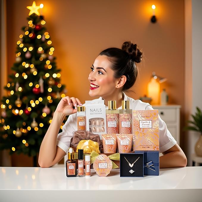 Luxury Gifts for Women, 16 Pcs Spa Gifts for Woman of Coconut Vanilla Scents Skin Care Kit, Facial Kit with Face Day Cream, Night Cream, Skincare Set, Christmas Gifts for Women in Makeup Storage Box