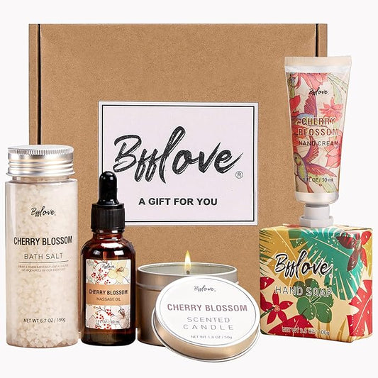 Gifts for Women BFFLOVE Gift Set for Women 5pcs Cherry Blossom Spa Set, Birthday Gifts for Her with Massage Oil, Scented Candle, Bath Salts, Hand Cream