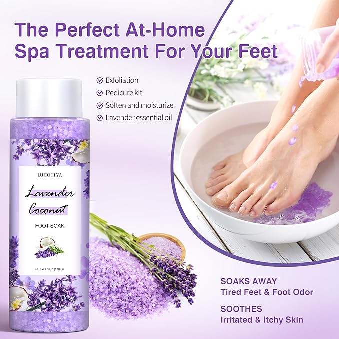 Lavender Foot Soak Set - Salts, Foot File, Scrub & Urea Cream Pedicure Supplies for Dry, Cracked Feet - Women's Spa Kit
