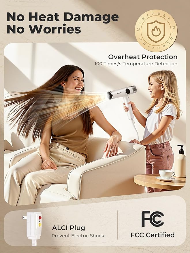 Portable Travel Hair Dryer, 110,000 RPM High-Speed Ionic Hair Dryers,Negative Ion Blow Dryer,4 Heat Settings & 3 Speed, Magnetic Diffuser & Concentrator,Low Noise, Lightweight, No Heat Damage