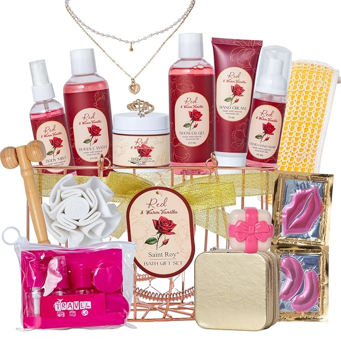 21Pcs Bath and Body Gift Basket Set for Women Christmas Gifts- Rose Vanilla XL Spa Gift Basket for Women Gifts｜ Bath Gift Set Home Spa Self Care Kit Necklace Finger Ring gift, Birthday Spa Gift