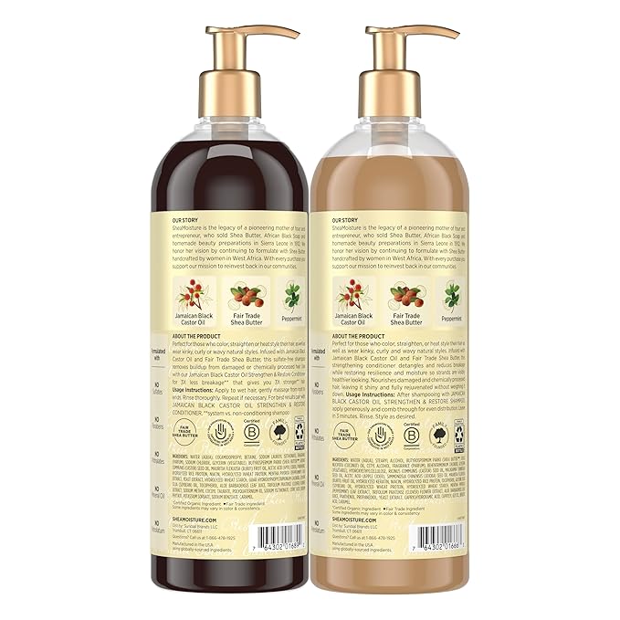 SheaMoisture Strengthen & Restore Shampoo and Conditioner Bundle Jamaican Black Castor Oil 2 Pack to Cleanse & Nourish Dry, Damaged Hair, 24 oz