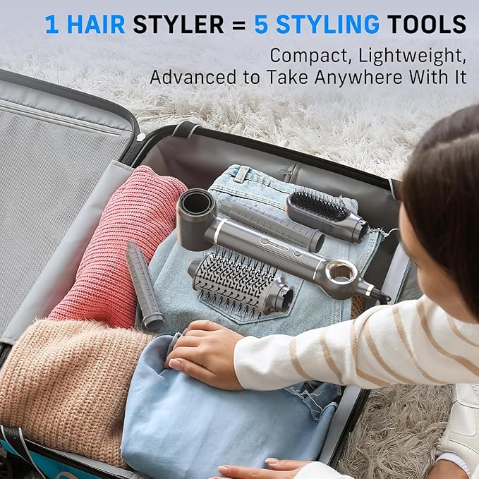 Quico 5 in 1 Blow Dryer Brush Set, Hot Hair Styler with Rotating Hair Dryer Brush, Auto Air Curler, Oval Brush, Curling Wand Set with Air Filter, Multi Styler Hair Tool, No Heat Damage