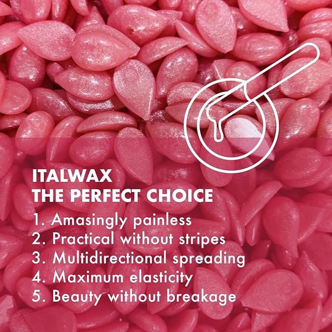Italwax Pink Pearl Hard Wax 1.65 lb (750g) – Semi-Creamy Shiny Pink Facial Wax for Sensitive Skin, Strong from First Pull, Highly Elastic for Precision Work – Made in Italy