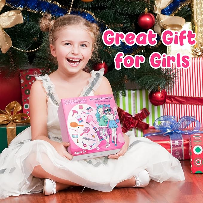 Hair Salon Toys for Girls, 36PCS Kids Pretend Play Makeup Sets, Dress Up Beauty Hair Stylist Toy Kit with Barber Apron, Hair Dryer, Curling Iron, Mirror, Scissors and Styling Accessories