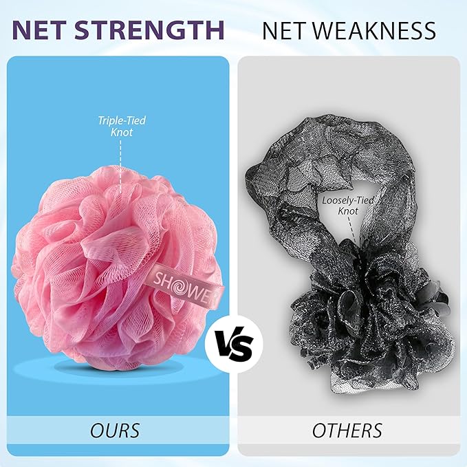 SHOWER BOUQUET Pink-Loofah Bath-Sponge XL 4-Pack // Extra Large 75g Soft Mesh Net Pink Loofa Loufa Luffa Lufa Puff Set/Exfoliating Body Scrubber for Women and Men - Exfoliate & Soothe Face & Body