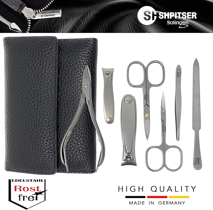 SHPITSER Professional 7pc TopInox Surgical Stainless Steel Tools Manicure Pedicure Set in Genuine Durable Leather Case Handmade in Solingen Germany for Nail and Cuticle Care