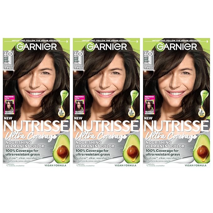 Garnier Hair Color Nutrisse Ultra Coverage Nourishing Creme, 400 Deep Dark Brown (Sweet Pecan) Permanent Hair Dye, 3 Count (Packaging May Vary)