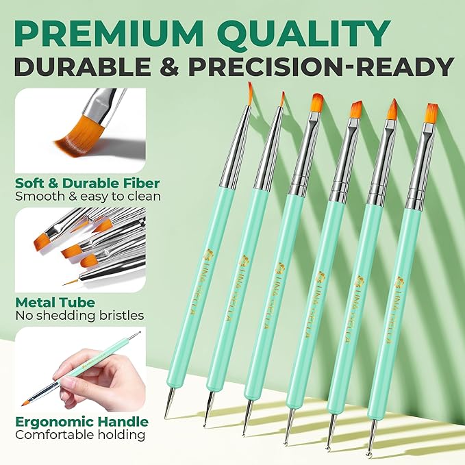 UNA GELLA Nail Art Pens 6PCS Green Color Acrylic Nail Art Design Brush Set with Gel Polish Liner Brushes Double-headed Nail Dotting Tools for DIY Home Salon Manicure Design Supplies