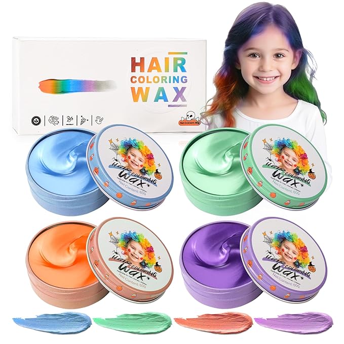 4 Colors Temporary Hair Color Wax for Kids, Blue Green Orange Purple Hair Styling Mud, Washable Style Dye for Girl Boy Teens, DIY Instant Hair Coloring Gel Cream for Cosplay Halloween Children's Day