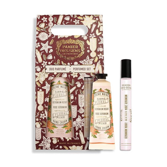 Panier des Sens - Geranium Rose Gift Duo Set - Hydrating Hand Cream 96% Natural Ingredients & Roll‑On Eau de Toilette - Vegan & Made in France - Holiday Edition - Travel Size 1.7 Fl Oz + 0.3 Fl Oz