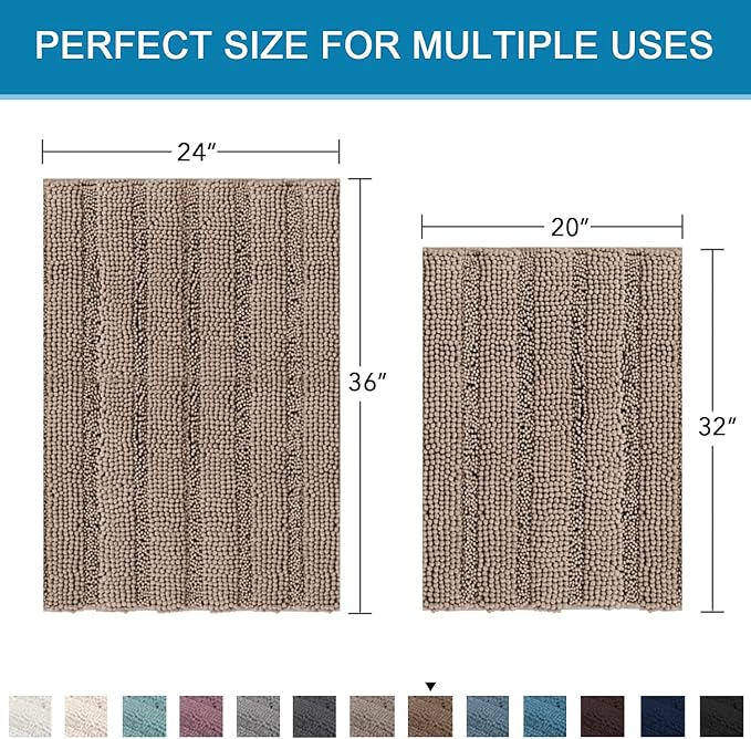 H.VERSAILTEX 2 Piece Bathroom Set - Super Absorbent Chenille Striped Bath Mats, Non Skid, Machine Washable (Taupe Brown, 24 x 36 Plus 20 x 32 - Inches)