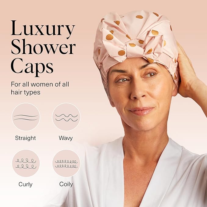 Kitsch Luxury Shower Caps for Women Reusable Waterproof - Large Shower Cap for Women, Non-slip, Quick-dry Hair Cap for Long and Short Hair, Comfortable and Stylish Design - Blush Dot