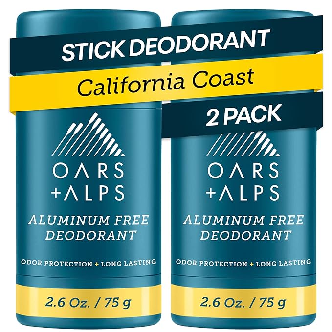 Oars + Alps Deodorant for Men & Women, Aluminum Free Deodorant for Men, Dermatologist Tested, Clean Ingredients, Vegan, Long Lasting, Odor Protection, California Coast, 2pk, 2.6oz