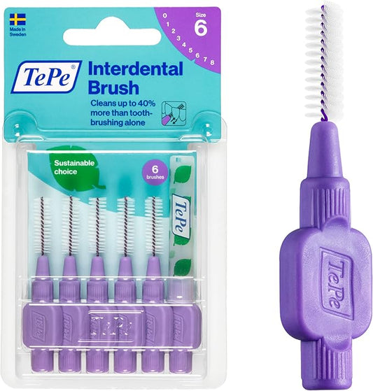 TePe Interdental Brush Original, Soft Dental Brush for Teeth Cleaning, Pack of 6, 1.1 mm, Large Gaps, Purple, Size 6