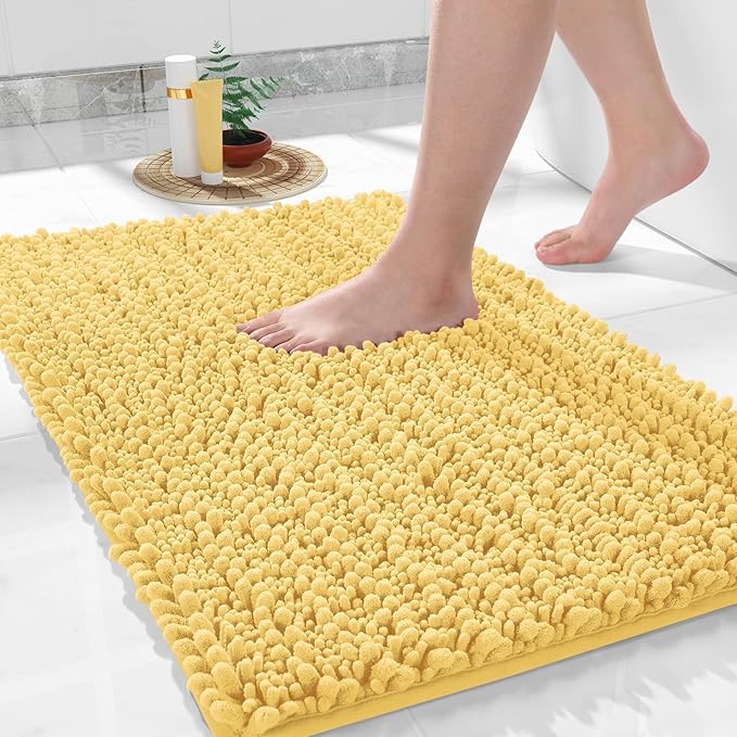 Yimobra Bathroom Rugs Non Slip Washable - Ultra Soft Absorbent Chenille Bath Mat, Quick Dry Shaggy Floor Carpet for Tub Shower, Yellow Home Decor Accessories, 24x17 Inch