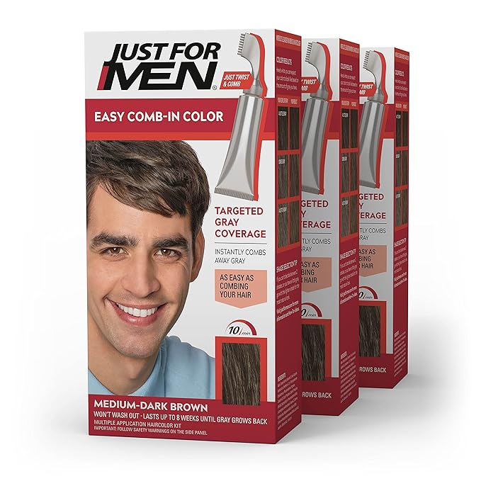 Just For Men Easy Comb-In Color Mens Hair Dye, Easy No Mix Application with Comb Applicator - Medium-Dark Brown, A-40, Pack of 3