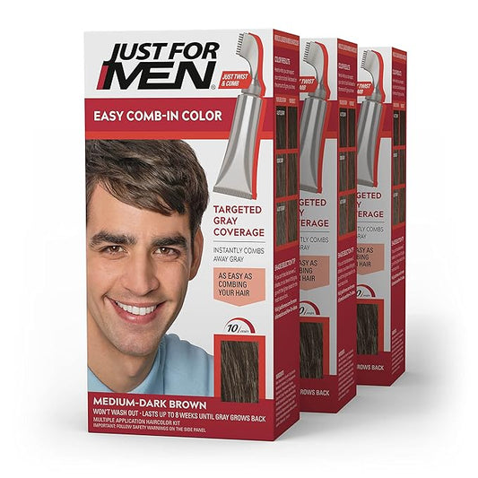 Just For Men Easy Comb-In Color Mens Hair Dye, Easy No Mix Application with Comb Applicator - Medium-Dark Brown, A-40, Pack of 3