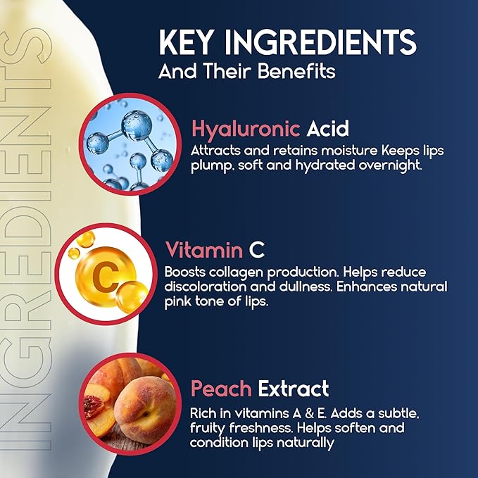 Lip Mask Overnight with Hyaluronic Acid & Collagen, Lip Sleeping Mask for Dry Cracked Lips, Moisturizing, Hydrating, Exfoliating Night Treatment for Lip Care (Peach) (0.7, Strawberry)