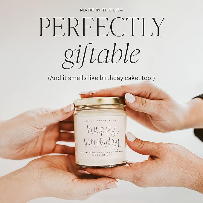 Sweet Water Decor Happy Birthday Soy Candle - Vanilla Sugar & Buttercream Sweet Scented Happy Birthday Candle Gift for Mom, Friends & Girls - 40 Hour Burn Time - 9oz - Non Toxic