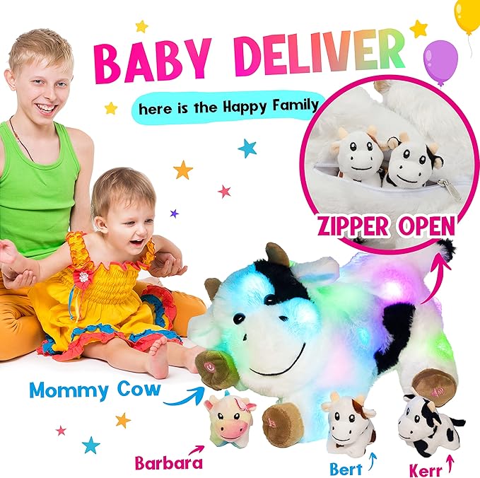 Hopearl LED Musical Stuffed Cow Lighting Up Singing Plush Toy Playset Mommy Cow with 3 Baby Dairy Cows in her Tummy Adjustable Volume Lullaby Animated Soothe for Mom Kids, 15''