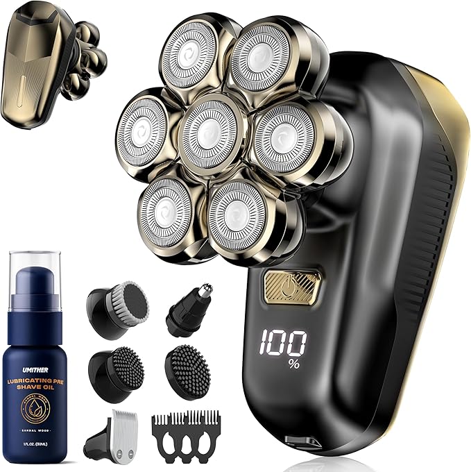 Head Shavers for Bald Men, Electric Razor with 7D Magnetic Shaver Heads, Wet Dry Waterproof Bald Head Trimmer Kit for Women & Men, Nose Ear Hair Trimmer, USB Rechargeable Clippers, Bright Black