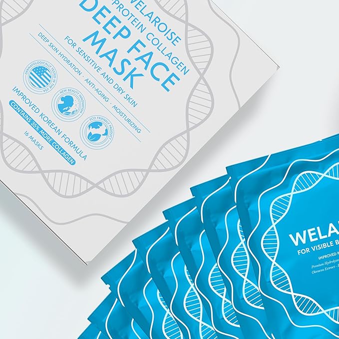 Welaroise Bio Protein Collagen Hydrogel Deep Face Mask +35% More Collagen, Intense Hydration & Moisturization, Firming, Anti-Aging, Skin Renewal, Korean Skincare (Pack of 16)