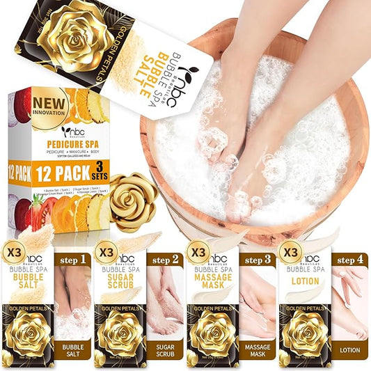 Pedicure Kit Foot Soak Set: Bubble Salt, Sugar Scrub, Massage Mask, Massage Lotion in a Box, 4 Step Foot Spa Kit for Dry Feet,Tired Feet（3 Set Golden petals)