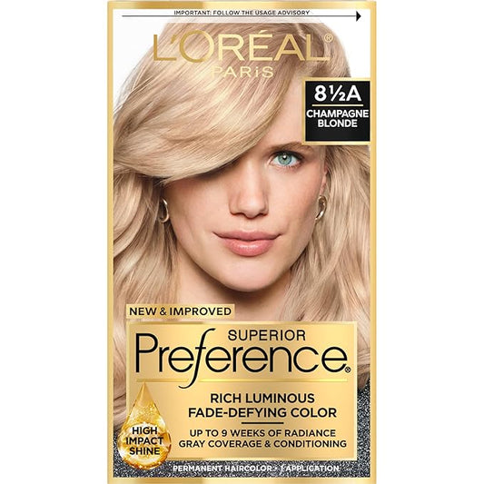 L'Oreal Paris Superior Preference Luminous Fade-Defying Permanent Hair Color, Hair Dye For Up to 9 Weeks of Radiance, Champagne Blonde 8.5A, 1 Hair Dye Kit