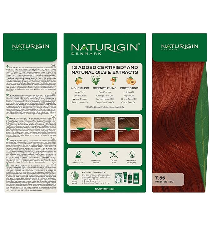 Naturigin Permanent Hair Color, 7.55 Intense Red, Ammonia Free, 100% Gray Coverage, Nourishing Natural Formula, For All Hair Types, Long-Lasting, Vegan & Cruelty-Free, 1 Pack