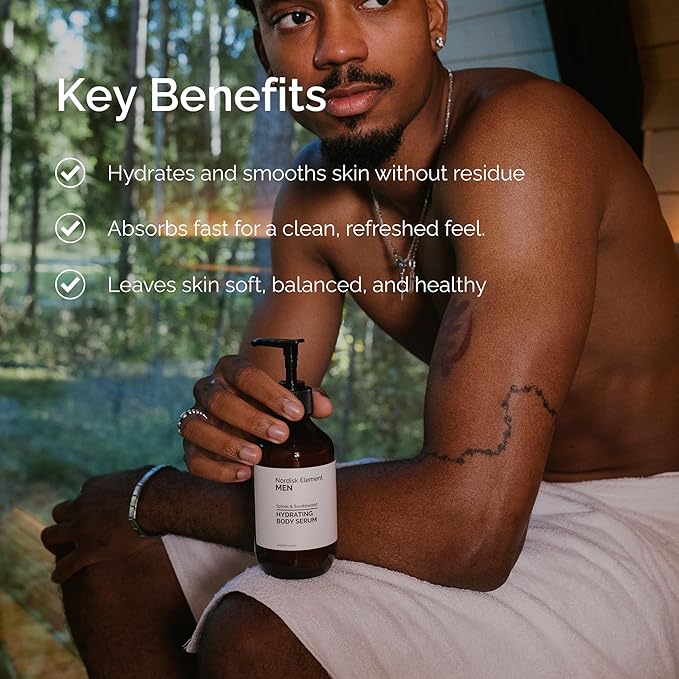 Nordisk Element Men Body Serum with Antioxidants & Nordic Botanicals | Deep Hydration & Skin Barrier Repair | Hyaluronic Acid Body Serum | Paraben & Phthalate Free | Spices & Sandalwood 9.13 Fl Oz