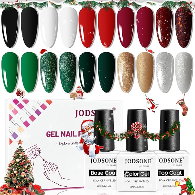 JODSONE Christmas Gel Nail Polish Set,10 Colors 2025 Winter Black White Glitter Burgundy Red & Green Silver Gel Polish DIY Salon for Women Girls Home Christmas Gift