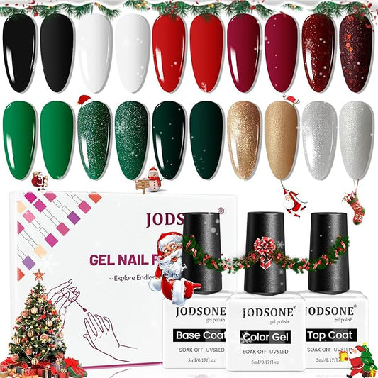 JODSONE Christmas Gel Nail Polish Set,10 Colors 2025 Winter Black White Glitter Burgundy Red & Green Silver Gel Polish DIY Salon for Women Girls Home Christmas Gift