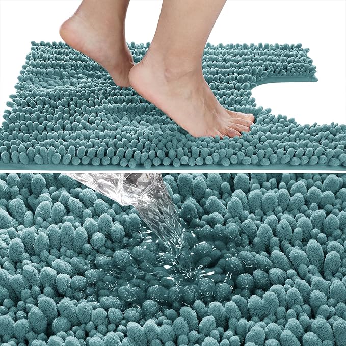 Yimobra Toilet Rug U Shaped Washable 24x20 Inch - Ultra Soft Absorbent Chenille Bath Rugs for Toilet, Quick Dry & Machine Washable, Non Slip Contour Bathroom Mat, Teal Blue