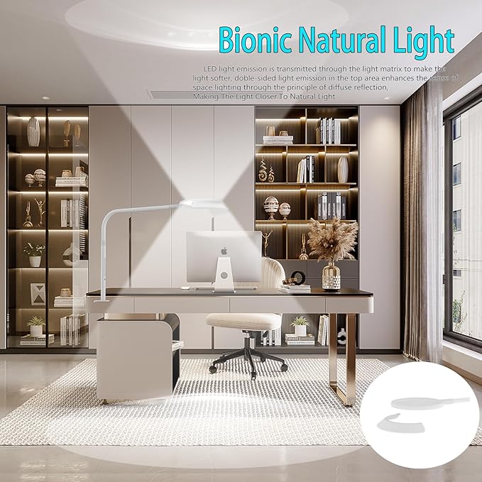 30" LED Desk Lamp with clamp,8.4" Ring Lights Natural Light Protects Eyes Dimmable Office Lamp with 25 Lighting&1500lum, Night Light and Memory Function,Monitor,Study,Work,Nail | White