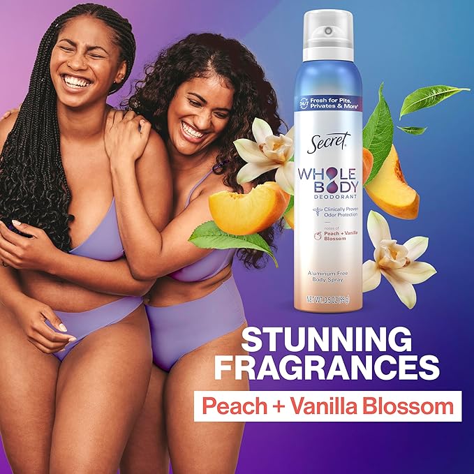 Secret Whole Body Deodorant Spray for Women, Peach & Vanilla Scent, Aluminum Free Deodorant Spray, 72 HR Odor Protection, 3.5 oz