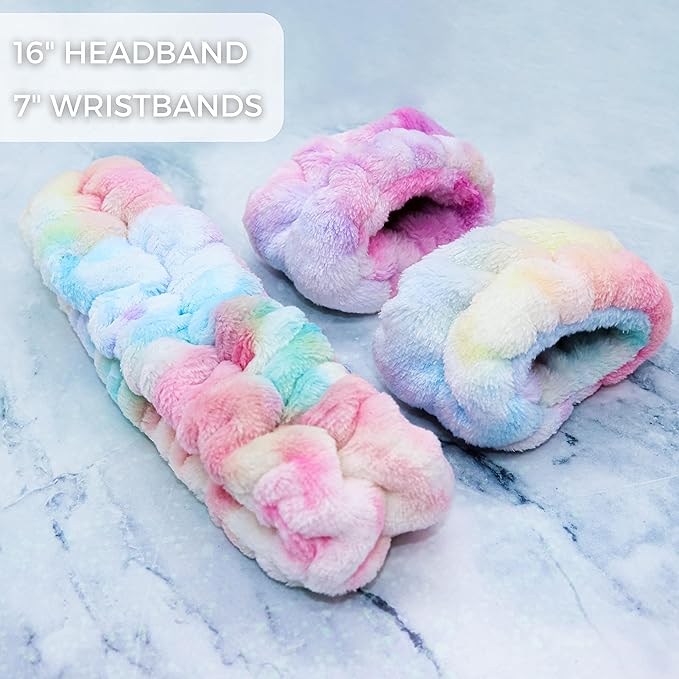 FROG SAC Spa Headband and Wristbands for Face Washing, Fuzzy Skincare Make Up Headbands Set for Women, Soft Puffy Makeup Skin Care Facewashing Hair Band Accessories for Girls (Rainbow Tie Dye)
