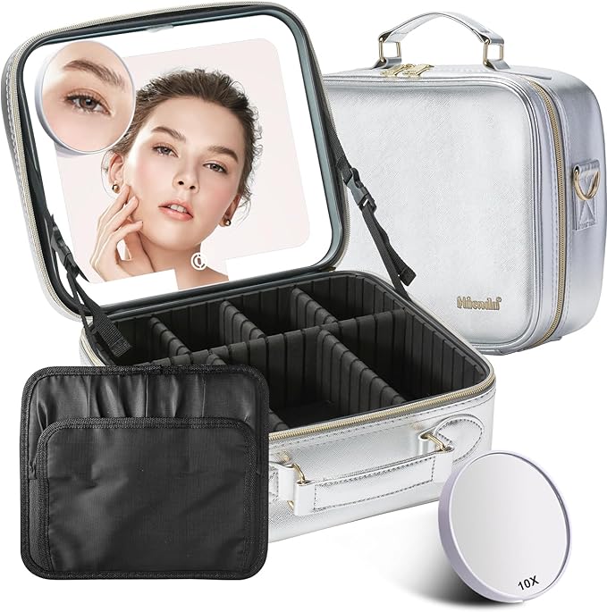 Mocado Travel Makeup Bag with LED Lighted Mirror,Travel Makeup Organizer,Makeup Case with 3 Color Lighted Setting and 10x Magnifying Mirror,Portable Storage and Adjustable Dividers Makeup Box(Silver)
