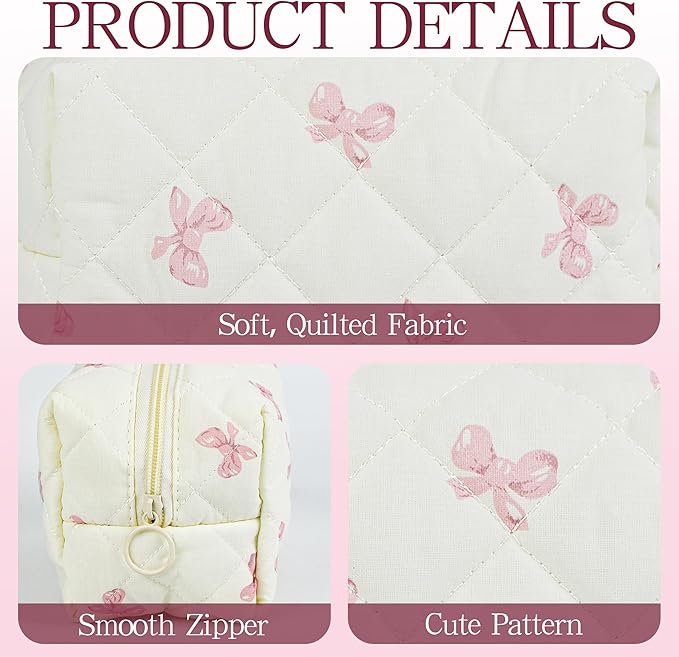 Quilted Makeup Pouch,Cotton Puffy Makeup Bag, Coquette Cosmetic Bag for Women and Girls, Aesthetic Organizer Bag, Cute Flower Travel Toiletry Bag