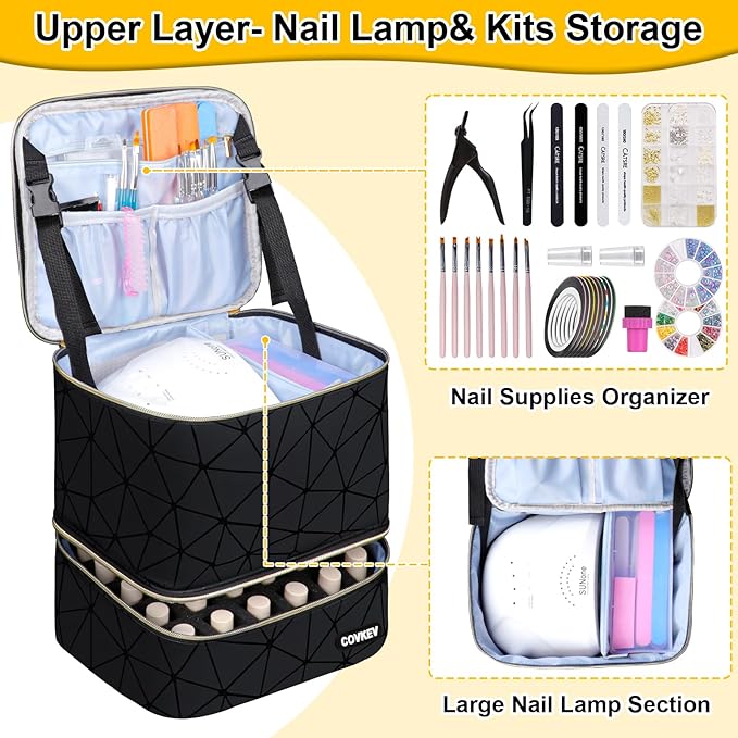 PU Leather Nail Polish Organizer Bag Holds Nail Lamp& 30 Bottles (15ml-0.5 fl.oz), Portable Travel Nail Kit Storage Carrying Case, Double Layer Nail Supplies Organizer Handbag (Elegant Black)