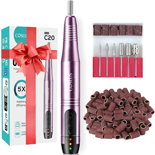 COSLUS Cordless Nail Drill Electric File: Professional for Acrylic Gel Dip Powder Nails Portable Nail Drill Machine Kit for Manicure Pedicure Nail Set with Everything Rechargeable Lightweight