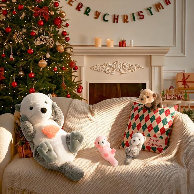 MorisMos 5Pcs Sea Otter Stuffed Animal with Babies,23.6'' Giant Mommy Stuffed Otter Toy with 3 Babies & Plush Seashell, Boy Girl Sea Animal Toys for Kids 3-5 Birthday Christmas Decor
