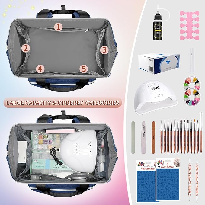 LTINVECK Nail Polish Organizer Case Backpack Holds 70 Bottles (15ml/0.5fl.oz)& Nail Lamp, 2 Layers Detachable Nail Kit Storage Case, Large Travel Nail Supplies Shoulder Bag for Manicure Tools (Blue)