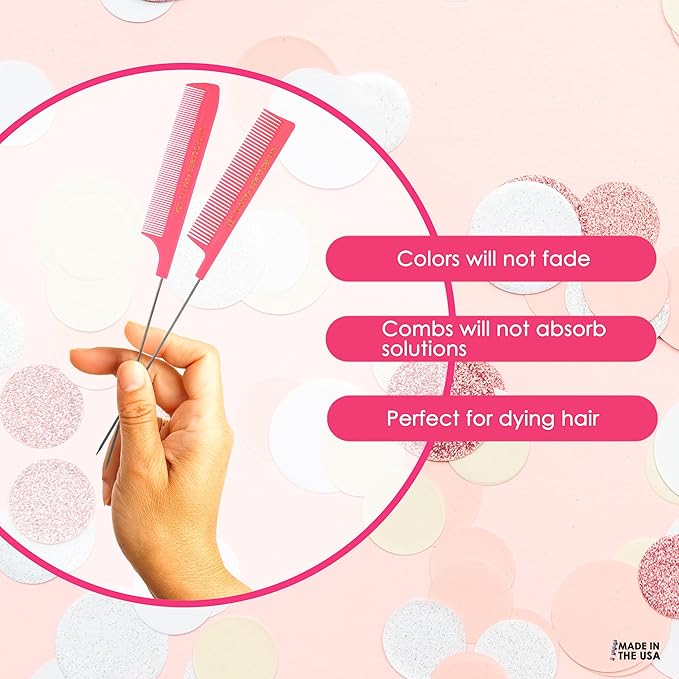 Allegro XL Pintail Rat Tail Parting Combs - Metal Tail Foiling Pin Combs for Stitch Braids - 2 Pc. (Neon Pink)