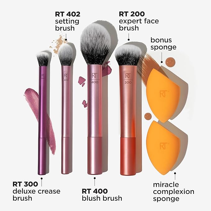 Real Techniques 6 Piece Everyday Essentials Makeup Brush Set, Includes 4 Brushes & 2 Makeup Sponges, For Foundation, Blush, Bronzer, Contour, Eyeshadow, & Powder, Travel Gift Set, Cruelty-Free & Vegan