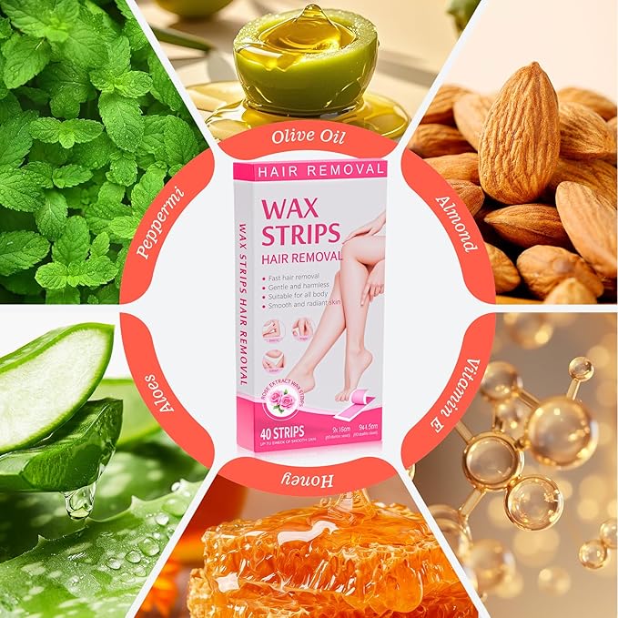 Wax Strips for Hair Removal - 40 Count (20 Body + 20 Face Strips) with 5 Soothing Oil Wipes, Waxing Kit for Women, At-Home Waxing Kit for Women & Men - Legs, Bikini, Underarms, Face, Hypoallergenic