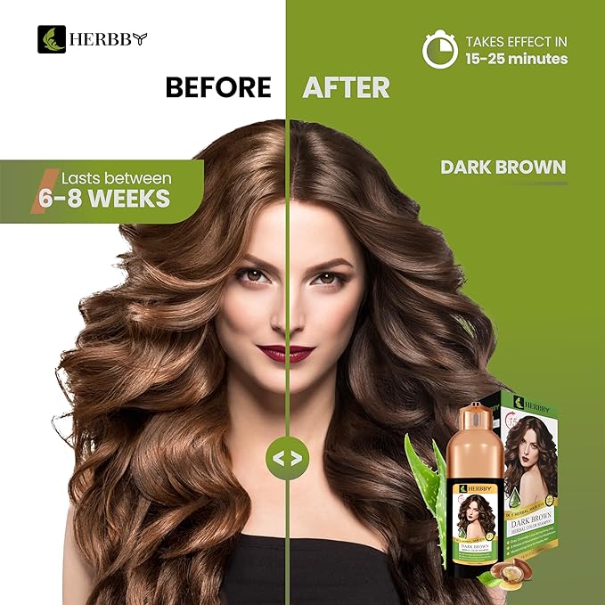 HERBBY Hair Color Shampoo for Gray Hair Coverage&Color Transform with 9 Herbal Extracts –Long Lasting(6-8 Weeks),Shiny,Evenly Colored,Instant Hair Dye Shampoo&Conditioner, 500 Ml (DARK BROWN COLOR)