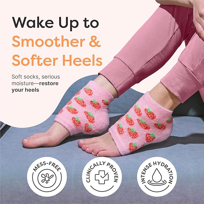 ZenToes Moisturizing Socks for Cracked Heel Treatment, Vitamin E, Olive Oil and Jojoba Oil Heel Socks, Stocking Stuffers for Women, Spa Self Care Gifts for Women (Pink Strawberries, Regular)